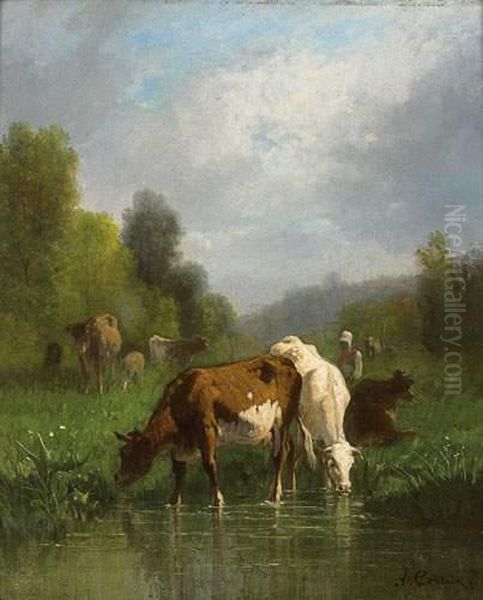 Vaches S'abreuvant Oil Painting by Andres Cortes
