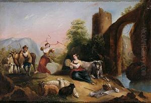 Paisaje Con Arquitecturas Y Campesinos Oil Painting by Andres Cortes