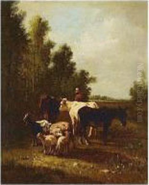 Cows, Donkey And Sheep Oil Painting by Andres Cortes