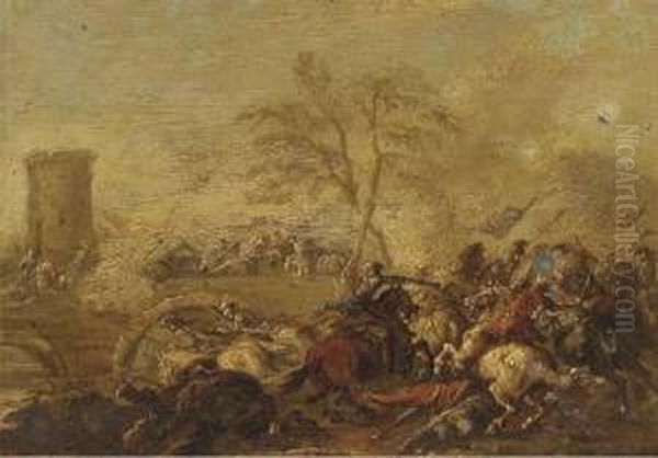 A Cavalry Skirmish Oil Painting by Guglielmo Cortese Il Borgognone