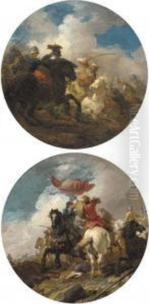 A Cavalry Engagement Between 
Turks And Saracens; And A Cavalry Engagement Between Turks And 
Christians Oil Painting by Guglielmo Cortese Il Borgognone