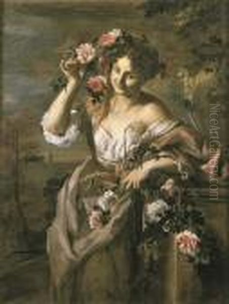 Figura Femminile Che Regge Fiori
 E Spighe, Presso Un Basamento Scolpito In Pietra Ed Un Vaso Da 
Giardino, Con Architetture Classiche Sullo Sfondo (estate ?) Oil Painting by Guglielmo Cortese Il Borgognone