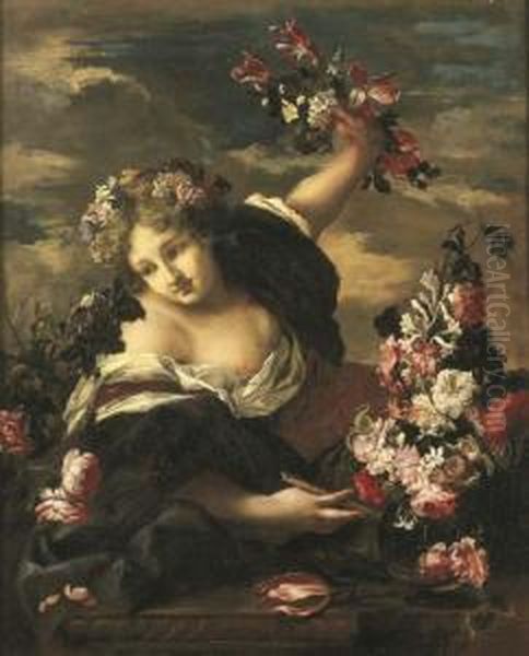 Figura Femminile Con Diadema Di 
Fiori, Flauto E Fiori Nella Mano Sinistra, Poggiata Su Un Piano Di 
Pietra Scolpito, Presso Un Vaso Di Fiori In Cristallo (primavera ?) Oil Painting by Guglielmo Cortese Il Borgognone