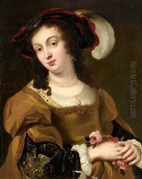 Portrait Of A Young Woman, 
Half-length, In A Gold Dress With A Crimson Plumed Hat, Holding Roses Oil Painting by Jan Cossiers