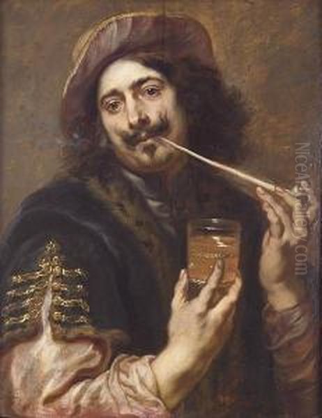 Portrait Of A Gentleman, Said To
 Be Adriaen Brouwer, Half-length, In A Dark-blue Fur-trimmed Coat And A
 Scarlet Hat, Smoking A Pipe And Holding A Glass Oil Painting by Jan Cossiers
