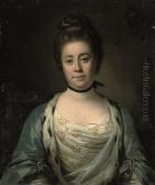 Portrait Of A Lady, Half-length,
 In A White, Blue And Gold-embroidered Dress With Ermine Trim Oil Painting by Francis Coates Jones