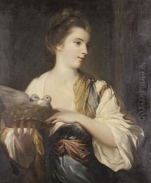 Portrait Of A Lady, Half-lengh, 
In A Pale Blue And White Dress With A Pink Sash At Her Waist, Holding A
 Basket Of Doves Oil Painting by Francis Coates Jones