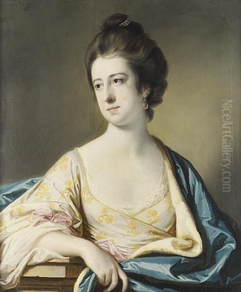 Portrait Of Lucy Ann Byron, 
Half-length, In A White Dress With Yellow Embroidery, And A Blue Wrap, 
Leaning On A Ledge Oil Painting by Francis Coates Jones