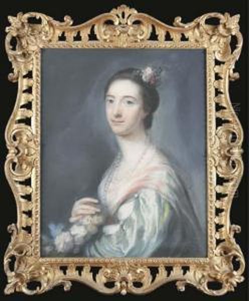 Portrait Of Elizabeth Rushout, 
Later Mrs. Myddelton, Half-length, In A Blue And Green Dress And Pearl 
Necklace, Holding Flowers, Other Flowers In Her Hair Oil Painting by Francis Coates Jones