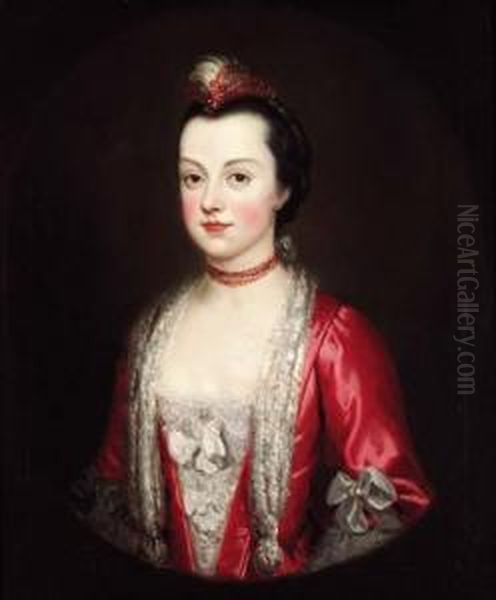 Portrait Of A Lady, Half-length,
 In A Red Dress With Lace Trimming,and A Feather In Her Hair, Feigned 
Oval Oil Painting by Francis Coates Jones