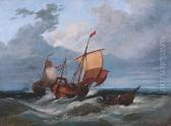 Dutch Fishing Boats Off 
Lowestoft, With The Yarmouth And Lowestoft Paddletug In The Background Oil Painting by Miles Edmund Cotman