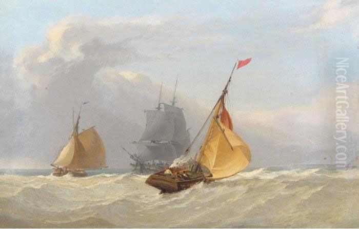 Sailing Boats With Brig In The Background Oil Painting by Miles Edmund Cotman