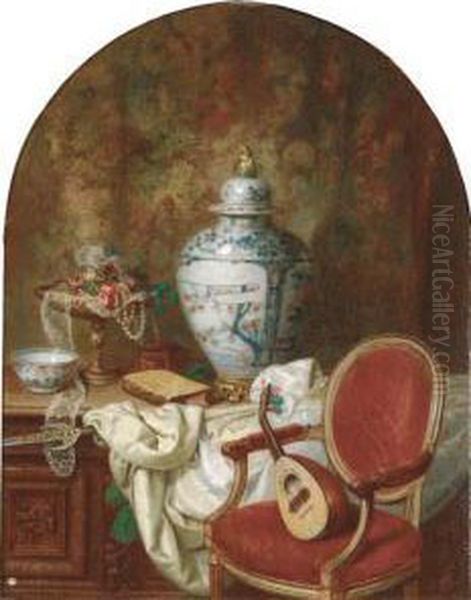 An Oriental Urn And Other 
Decorative Objects On An Oak Cofferbeside A Mandolin On A Chair Oil Painting by Alexandre Jean Couder