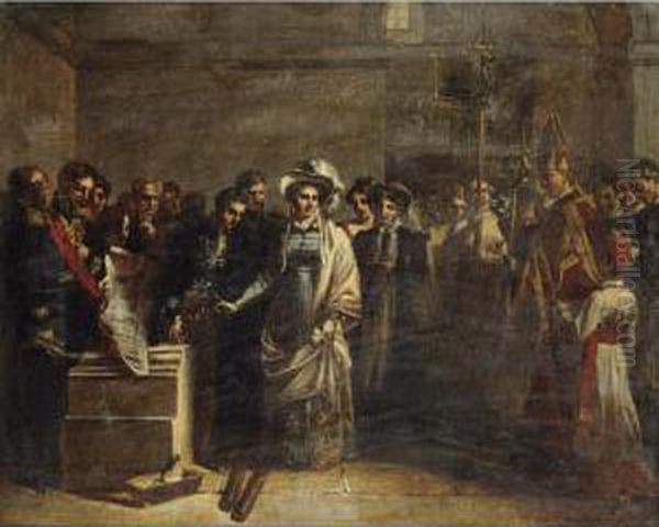 La Duchesse D'angouleme Posant 
La Premiere Pierre Du Monument Eleve Aux Victimes De Quiberon 
[louis-charles-auguste Couder ; The Duchess Of Angouleme Placing The 
First Stone Of The Building Raised In Memory Of The Quiberon Victims ; 
Oil On Canvas  Oil Painting by L. Charles Auguste Couder