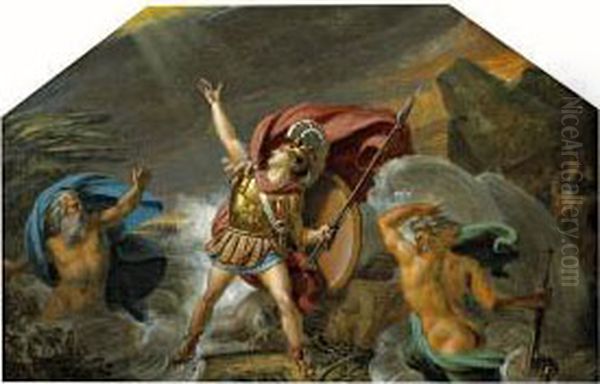 Achille Pres D'etre Englouti Par
 Le Xanthe Et Le Simois, Irrites Du Carnage Qu'il A Fait Des Troyens. 
Allegorie De L'eau. < Oil Painting by L. Charles Auguste Couder