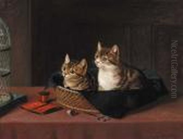Two Kittens In A Basket Watching A Bird In A Cage Oil Painting by Horatio Henry Couldery