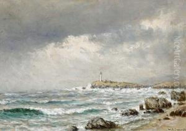 Distant Lighthouse Below Stormy Skies Oil Painting by William Coulter