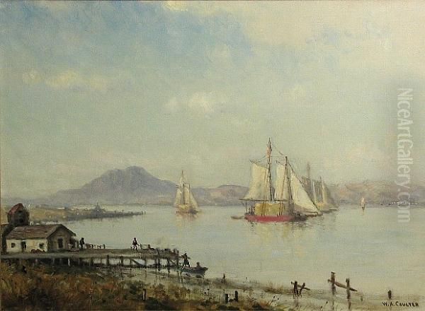 Petaluma River Scows On The San Joaquin Riverdelta West Of Mt. Diablo Oil Painting by William Coulter