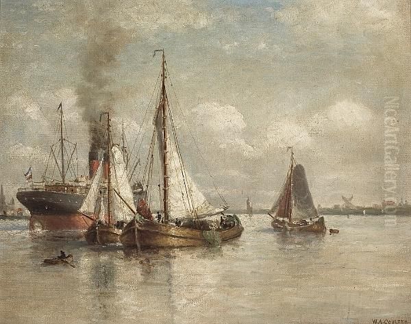 Shipping In A Harbor Oil Painting by William Coulter