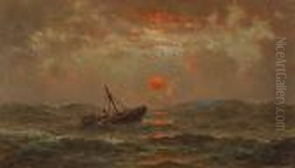 A Shipwreck At Sunset In The Open Water Oil Painting by William Coulter