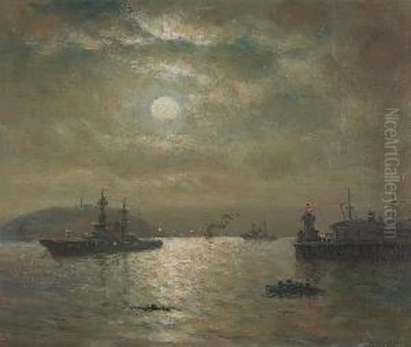 A Moonlit Battleship Entering A Harbor Oil Painting by William Coulter