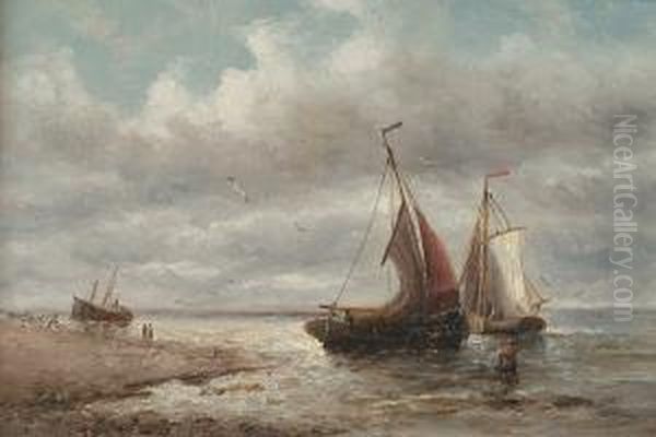 'a Barque In Full Sail Off A Headland' And 'fishing Boats Setting Sail From A Beach' Oil Painting by William Coulter