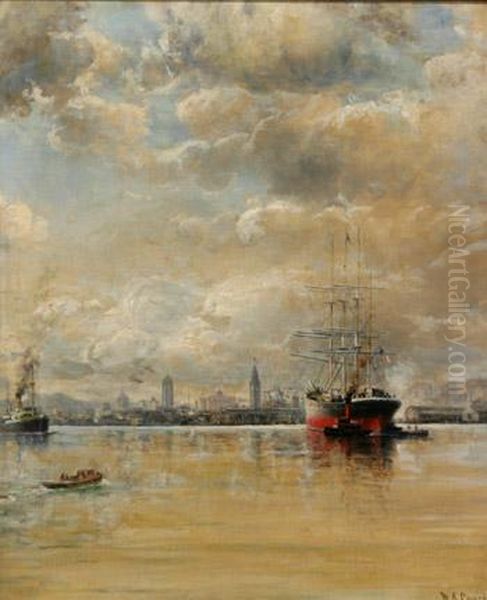 San Francisco Bay Harbor With A View Of The Ferry Building Oil Painting by William Coulter