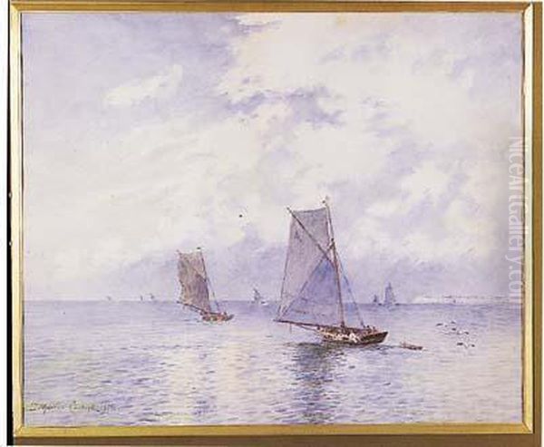 Aquarelle Representant Des 
Bateaux De Peche Sur Une Mer Formee, Signee Et Datee A Gauche 1891. Oil Painting by Maurice Francois A. Courant