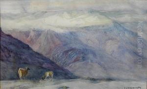 Llamas Grazing On A High Plateau Oil Painting by Ernest Courtois De Bonnencontre