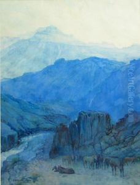 A Mountainous Landscape With Horses In Theforeground Oil Painting by Ernest Courtois De Bonnencontre