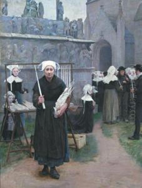 La Sortie De L'eglise. Oil Painting by Ernest Courtois De Bonnencontre