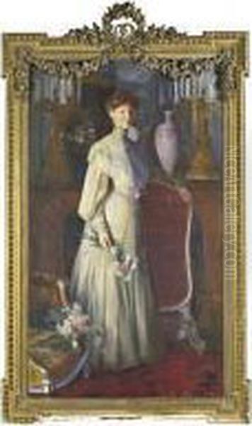 [ernest Courtois De 
Bonnencontre; Portrait Of A Woman Leaning On A Screen; Oil On Canvas; 
Signed] Oil Painting by Ernest Courtois De Bonnencontre