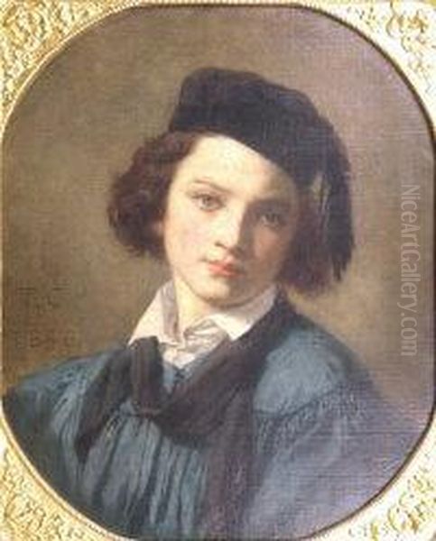 Portrait Of A Young Man Wearing Blue Smock And Tasselledhat Oil Painting by Thomas Couture