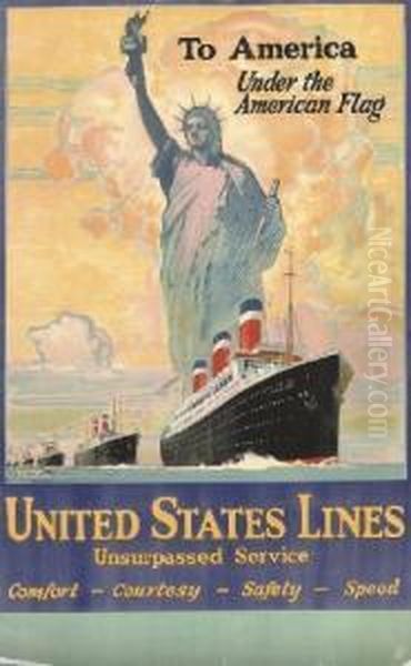 United States Line, 'leviathan' Oil Painting by Albert E. Cox