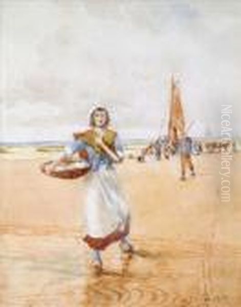 A Dutchfishergirl On The Beach Oil Painting by Albert E. Cox