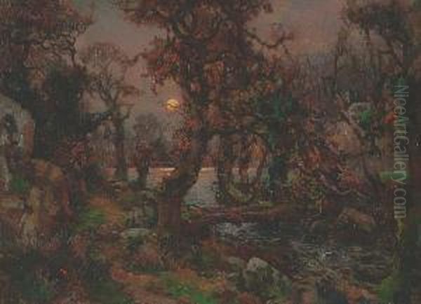 Moonlight Over A Woodland Pool Oil Painting by Garstin Cox
