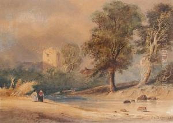 Figures In A Landscape Oil Painting by David Cox