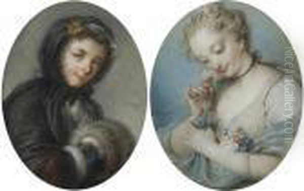 Une Femme En Manteau Noir Avec 
Un Manchon: L'hiver; Et Une Femme Avec Une Robe Bleue Et Des Fleurs Dans
 Les Bras: Le Printemps Oil Painting by Charles-Antoine Coypel