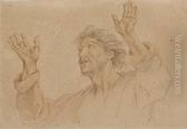 A Man, Half-length, Looking Up To The Left With Arms Raised Oil Painting by Charles-Antoine Coypel