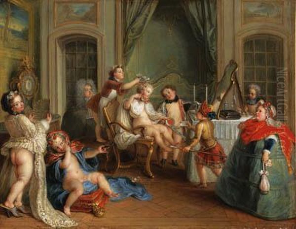 Jeux D'enfants La Toilette Oil Painting by Charles-Antoine Coypel
