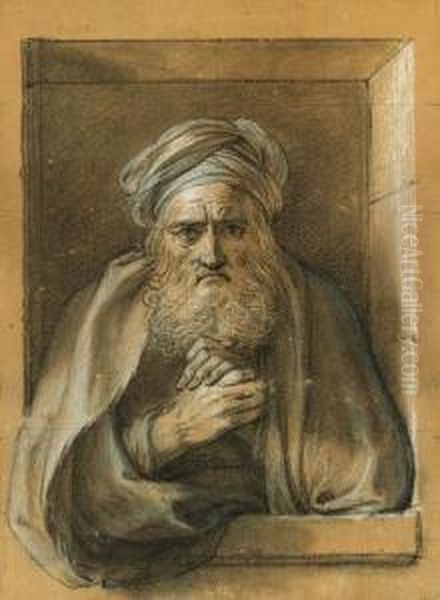 An Old Bearded Man Wearing A 
Turban Leaning On The Ledge Of Awindow And Rubbing His Hands Together Oil Painting by Charles-Antoine Coypel