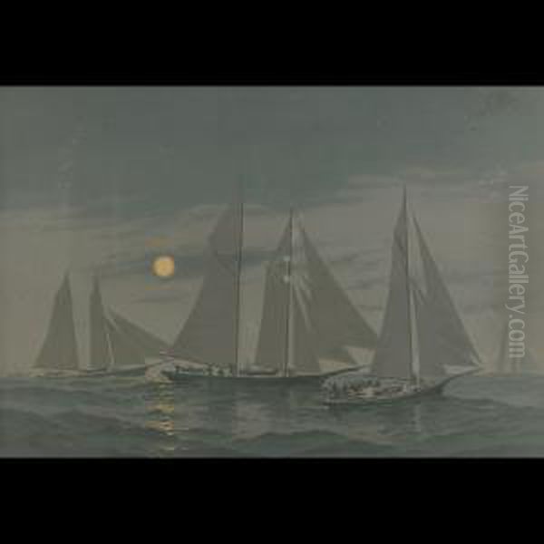 Moonlight On Nantucket Shoals 
Ibis. Tidal Wave. Estelle. Sagittaaeolus (plate Xiv From American 
Yachts, Their Club And Theirraces) Oil Painting by Frederick Schiller Cozzens