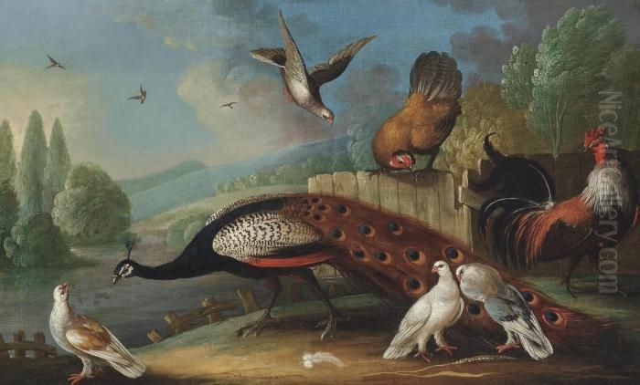 A Peacock, Pigeons And Chickens In A Wooded River Landscape Oil Painting by Marmaduke Cradock