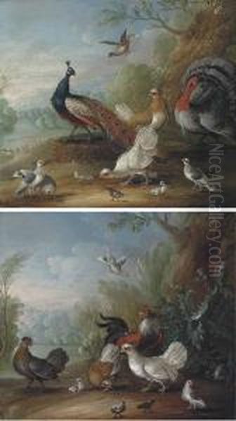 A Peacock, Doves, Chickens And A
 Turkey In A Landscape; Andchickens, Doves And Cockerels In A Landscape Oil Painting by Marmaduke Cradock