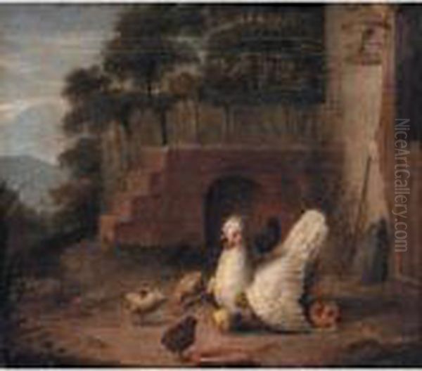 A Silver Houdon Hen With Chicks; And A Turkey With A Peacock Oil Painting by Marmaduke Cradock