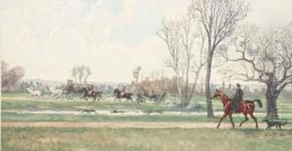 Une Femme A Cheval Avec Son 
Chien Au Premier Plan, Des Personnagesse Promenent En Caleche Au Fond, 
Dans Un Paysage Oil Painting by Victor Geruzez, Dit Crafty