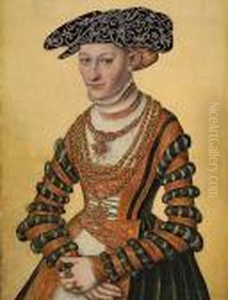Portrait Of A Lady, 
Three-quarter-length, In A Green Velvet And Orange Dress And A 
Pearl-embroidered Black Hat Oil Painting by Lucas The Younger Cranach