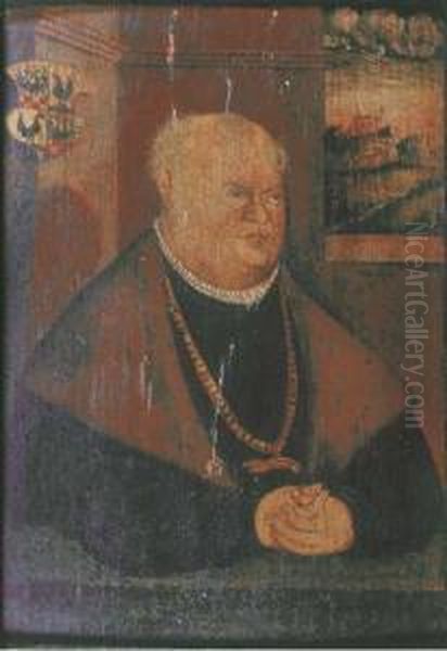 Portrait Of Carl Henneberg, 
Small Half-length, In A Black Costume With A White Collar And A 
Fur-lined Black Coat, A Landscape View Through The Window In The 
Background Oil Painting by Lucas The Younger Cranach