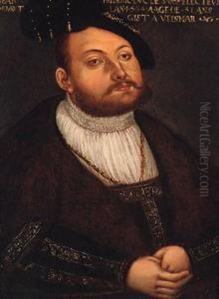 Portrait Of Johann Friedrich, 
Elector Of Saxony, Half-length, In Awhite Shirt And A Gold Embroidered 
Coat With A Fur-linedcollar Oil Painting by Lucas The Younger Cranach