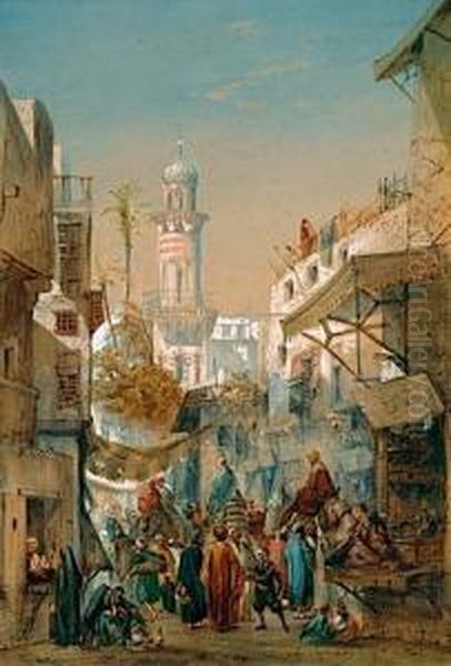 Rue Animee Au Kaire Oil Painting by Louis Amable Crapelet